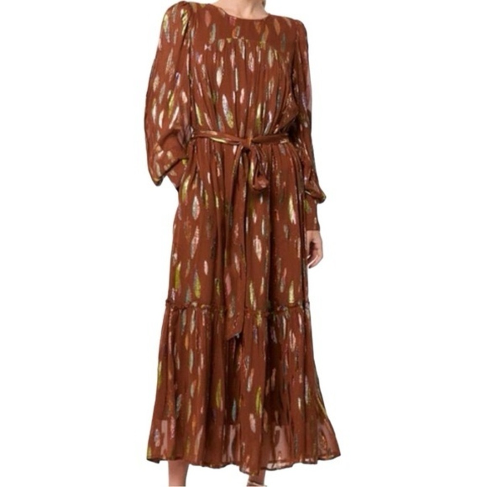 Elegant Long Sleeve Brown Dress with Gold Highlights